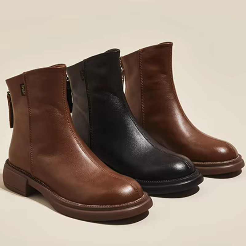 Drune | Damen Stiefel Leder Ankle Boots mit Reißverschluss Hinten und Niedrigem Absatz