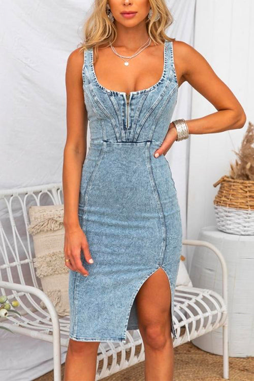 Drune | U-Hals Reißverschluss Schlitz Denim Bodycon Cami Kleid