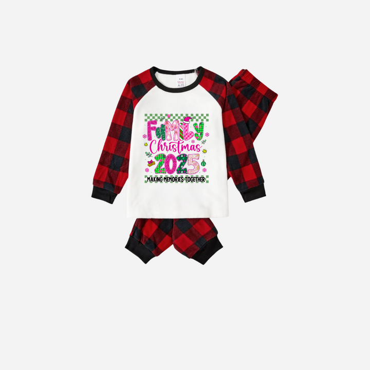 Drune | "Familienweihnachten 2025" Faux Glitter Schwarz und Rot Raglanärmel Weihnachts-Pyjama-Set