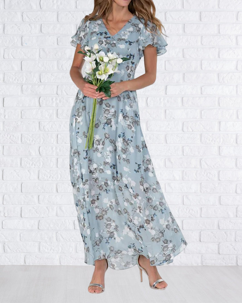 Drune - Florales Maxikleid Damen | Chiffonstoff luftiges Sommerkleid | Maxikleid mit fließendem Rock