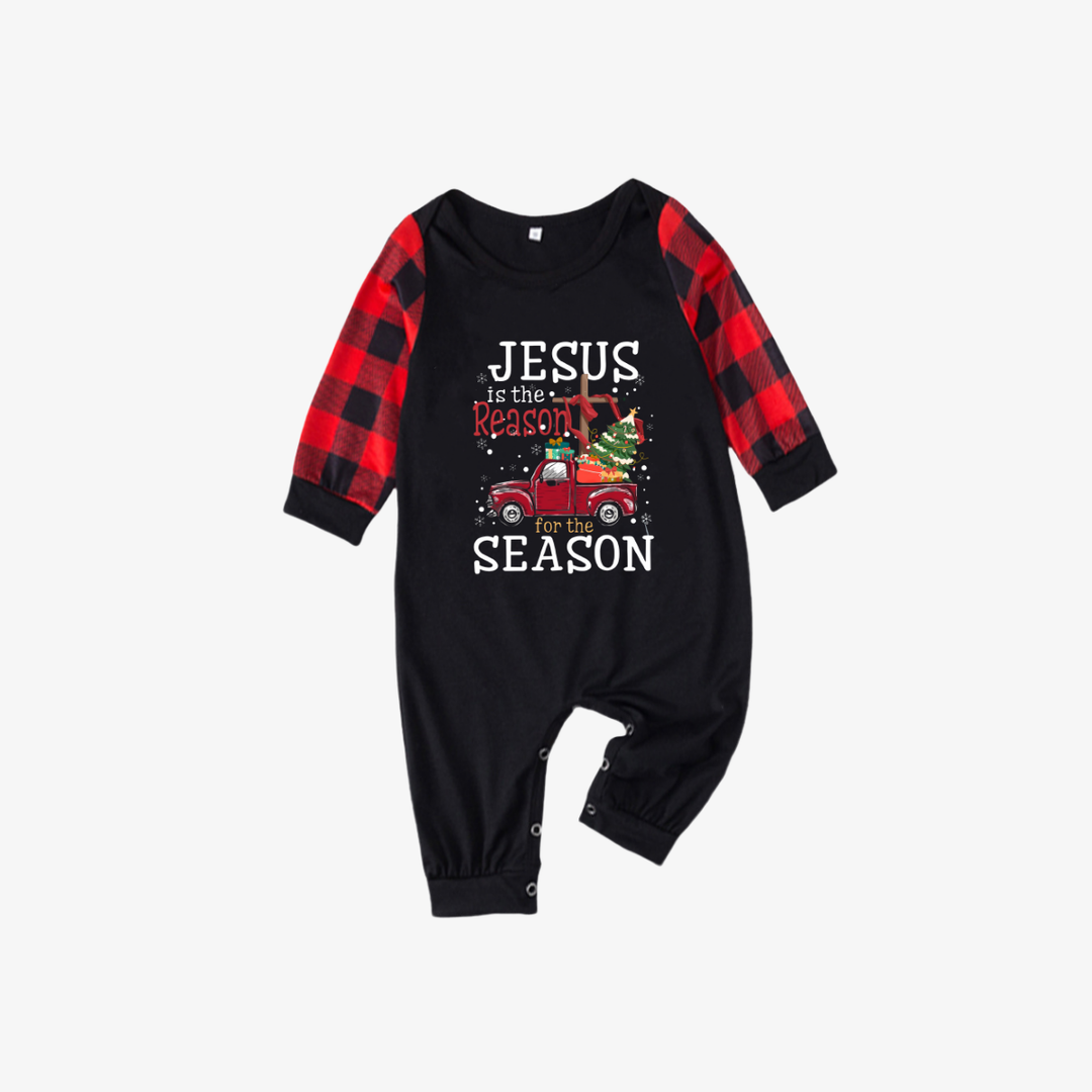 Drune | Rot und Schwarze Karierte Weihnachts-Pyjama-Set mit "Jesus ist der Grund für die Jahreszeit" Textdruck