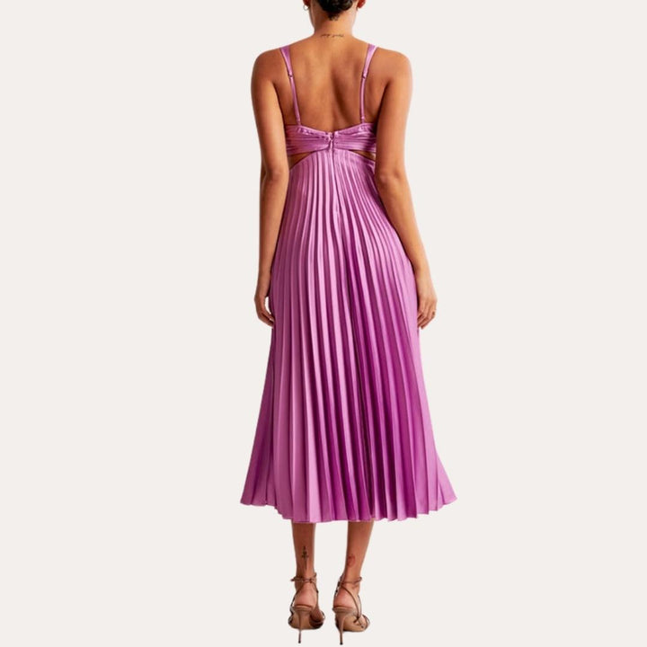 Drune | Midi Kleid Ärmellos V-ausschnitt Twist Front & Cut Out Detail Plissierter Rock
