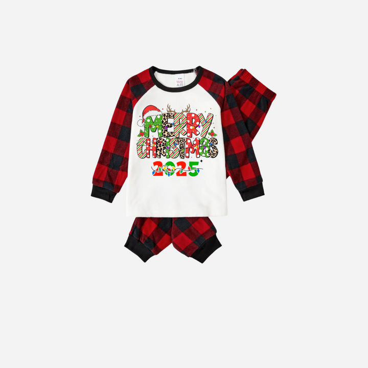 Drune | Fröhliche Weihnachten 2025 Familien Weihnachts-Pyjama-Set - Weißes Oberteil mit roten Karos Ärmeln und roten Karos Hosen