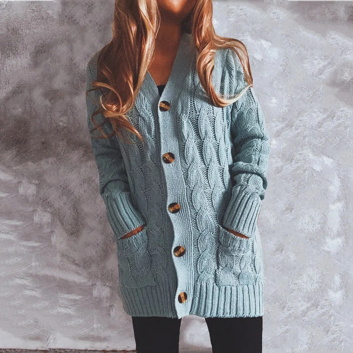 Drune | Wollstrickjacke Damen Mit Zopfmuster Und Holzknöpfen, Lockere