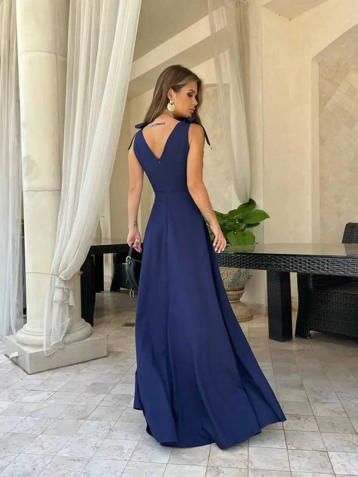 Drune | Damen Maxi-Kleid mit Kreuz V-Ausschnitt und Schleife
