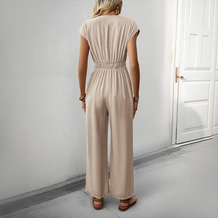 Drune | V-Ausschnitt einfarbiger elastischer Overall mit hoher Taille und weitem Bein