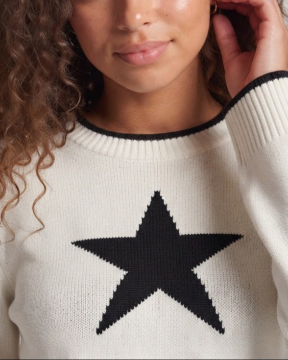Damen Feinstrickpullover mit Stern‑Jacquard, überschnittener Schulter und elastischem Rippsaum Drune