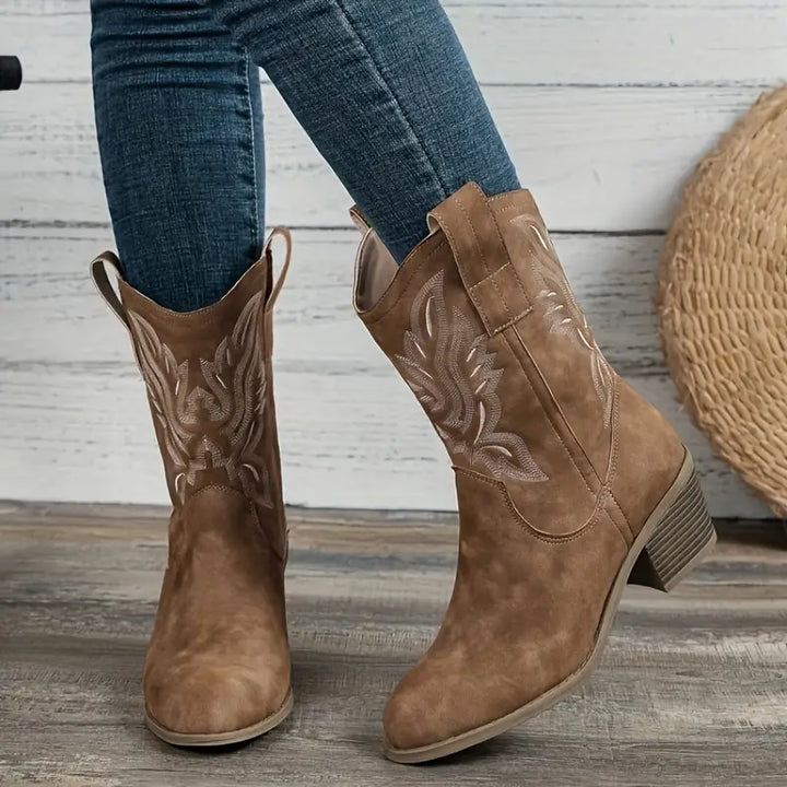 Drune | Vintage Western Cowboy-Stiefel mit V-Ausschnitt-Stickerei und Blockabsatz
