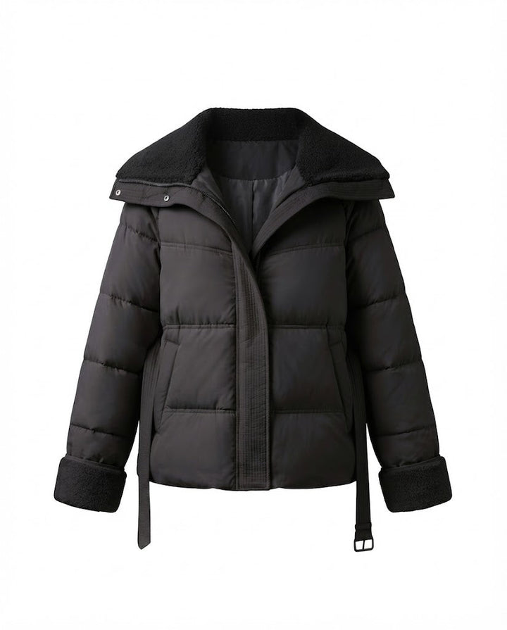 Damen kurze gepolsterte gesteppte Parka mit voluminösem Teddy-Kragen, tailliertem Gürtel und verdecktem Reißverschluss