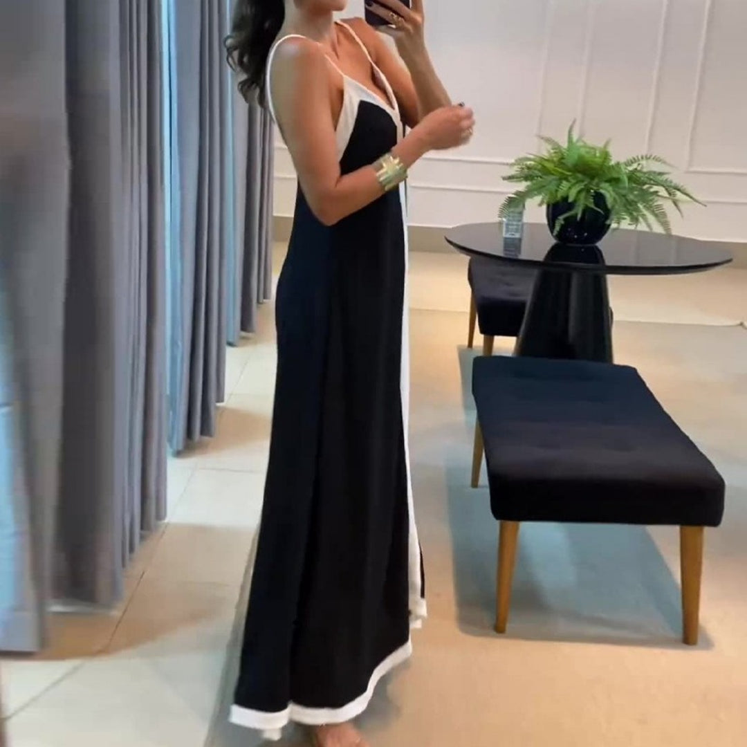 Drune | Kontrastfarbenes langes Kleid mit V-Ausschnitt und Strapsen
