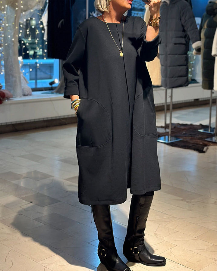 Drune | Lässiges Einfarbiges Lockeres Kleid mit Rundhalsausschnitt und Tasche