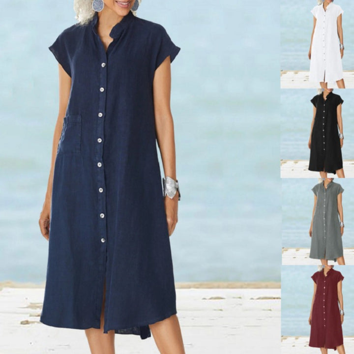 Drune | Strickjacke Stehkragen einreihiges Kleid aus Baumwolle und Leinen mit Taschen in großen Größen