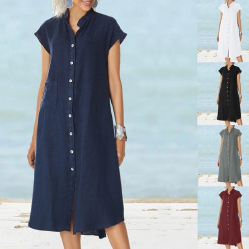 Drune | Strickjacke Stehkragen einreihiges Kleid aus Baumwolle und Leinen mit Taschen in großen Größen