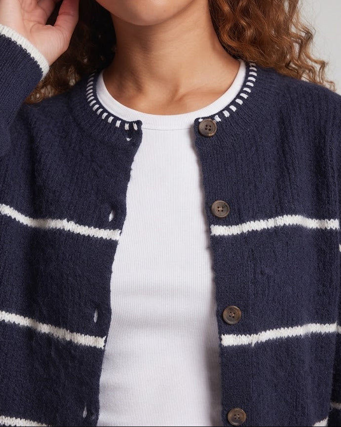 Damen Grobgestrickte Knopf-Cardigan mit Streifenstruktur und Rundhalsausschnitt Drune