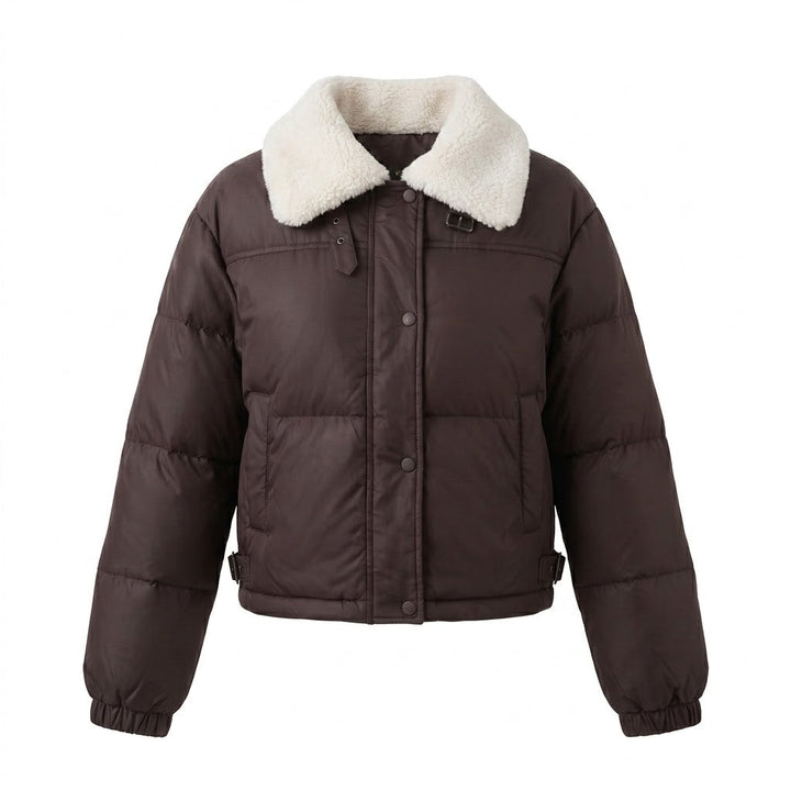 Damen kurze gepolsterte Pufferjacke mit Teddy-Kragen, verdeckter Druckknopfblende und Isolierung für Reisen