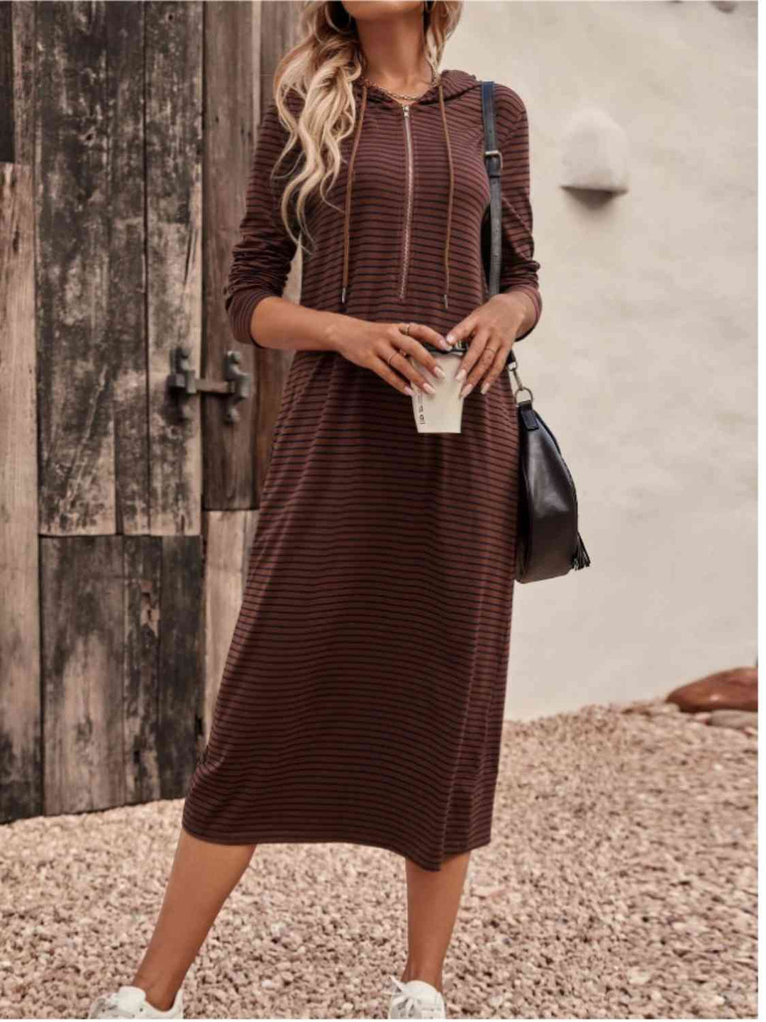 Drune | Gestreifter Reißverschluss-Front Kapuzenkleid