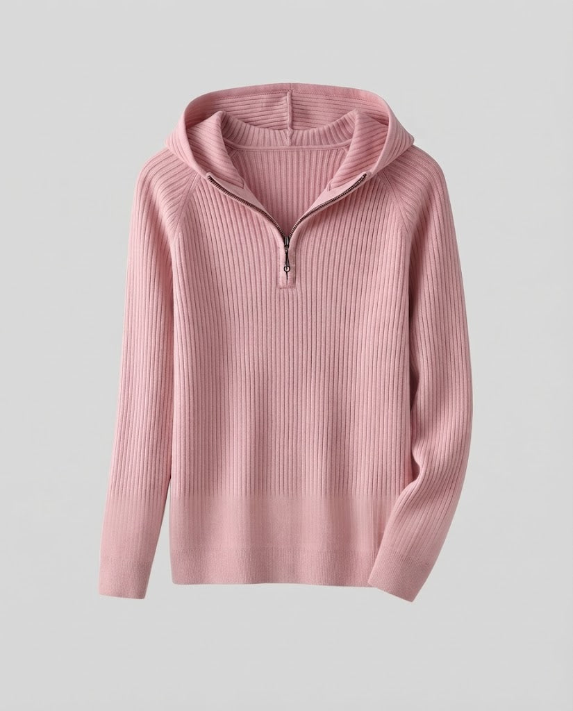 Damen Kaschmir-Optik Feinstrick-Pullover mit halbem Reißverschluss und feiner Rippenstruktur Drune