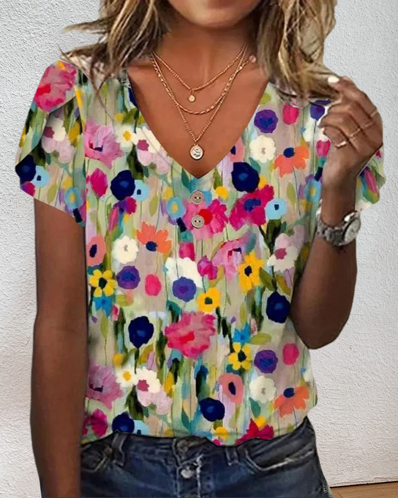 Drune | Kurzärmlige Farbenfrohe Blumenbluse mit V-Ausschnitt