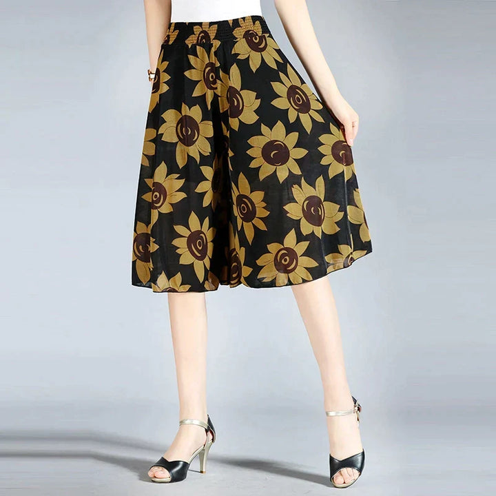 Drune | Damen Chiffon Culottes mit Breiten Beinen und Hoher Elastischer Taille