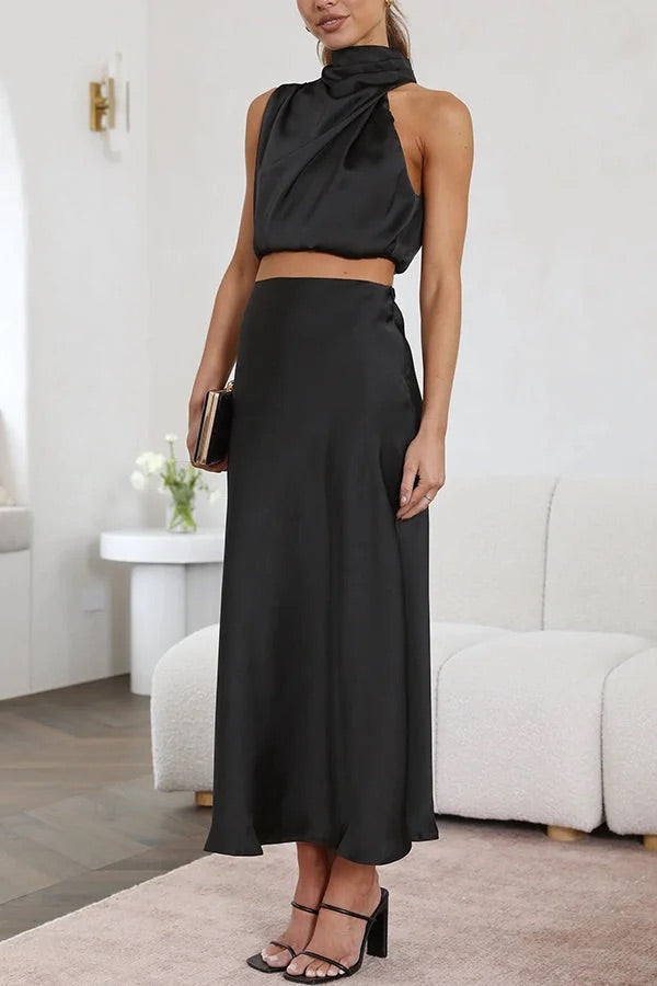 Drune | Solch Eine Stimmung Hochgeschlossene Satin Drapiert Maxirock Set