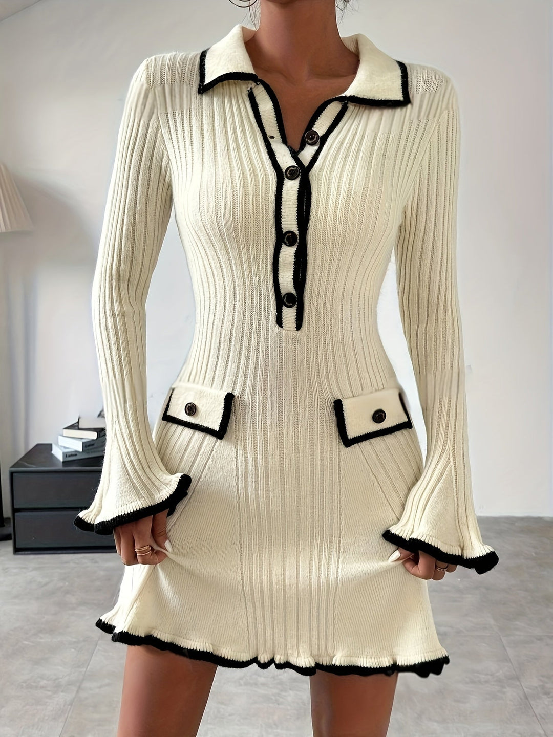 Drune | Farbblock Salat Besatz A-Linie Knopf Vorderseite Schlag Ärmel Gerippt Pullover Formelles Kleid Für Frauen - Für formelle Anlässe