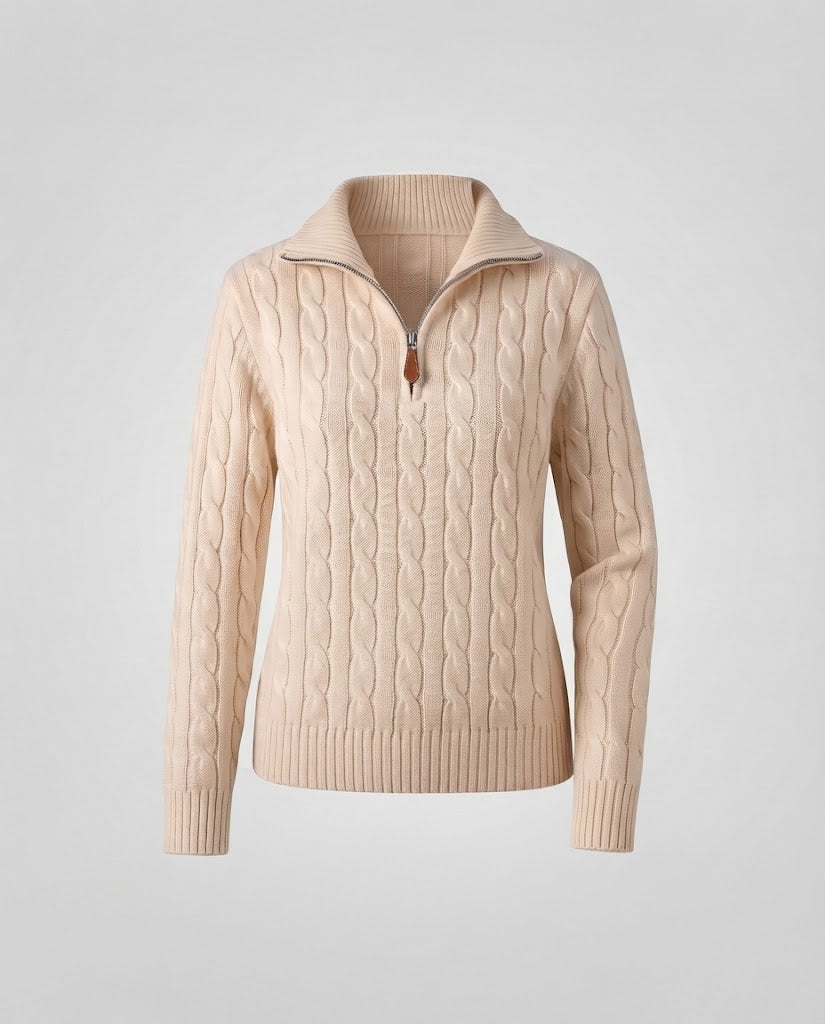 Damen Kabelstrick-Pullover mit halbem Reißverschluss und Stehkragen Drune