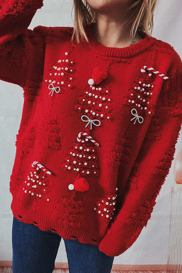 Drune | Handgemachter Perlen-Weihnachtsthema-Pullover dreidimensionaler dekorativer Pullover