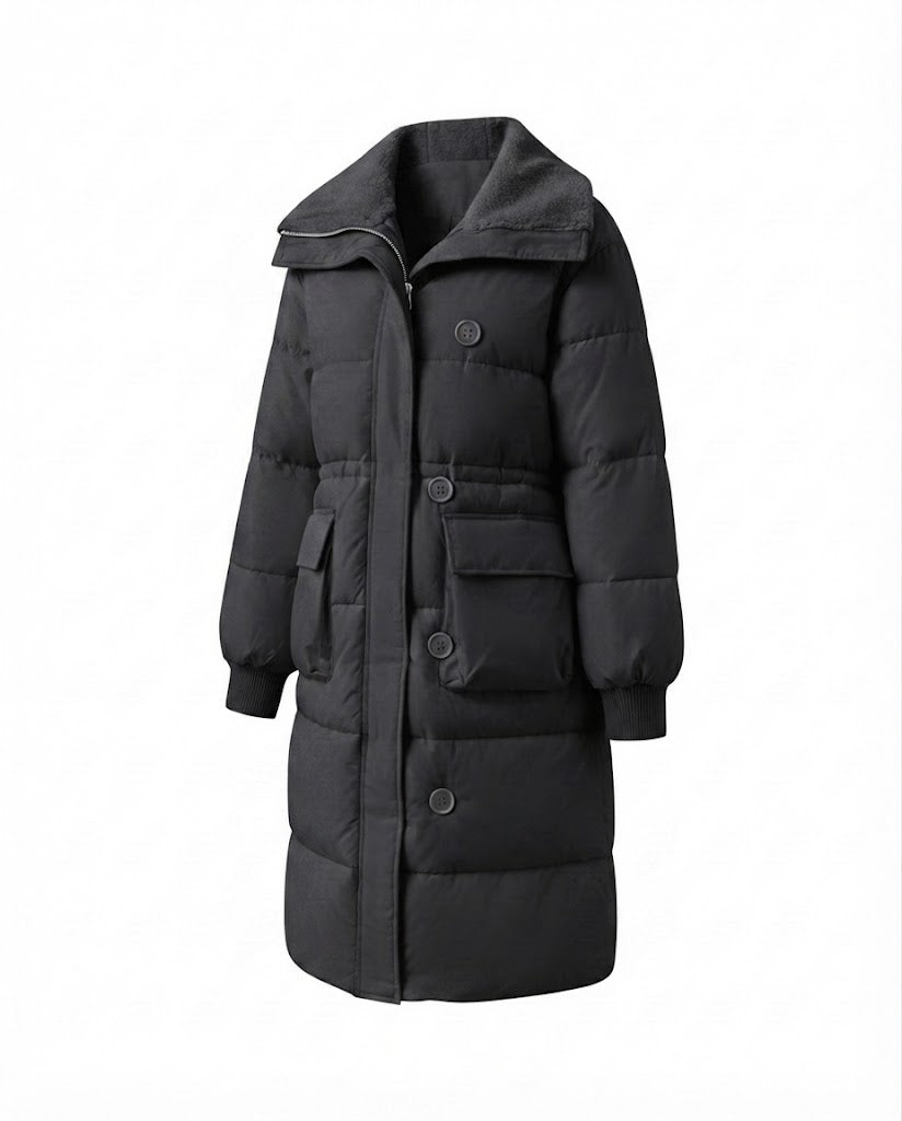 Damen langer gepolsterter Mantel mit Sherpa-Schalkragen, Taille mit Kordelzug und großen Klappentaschen