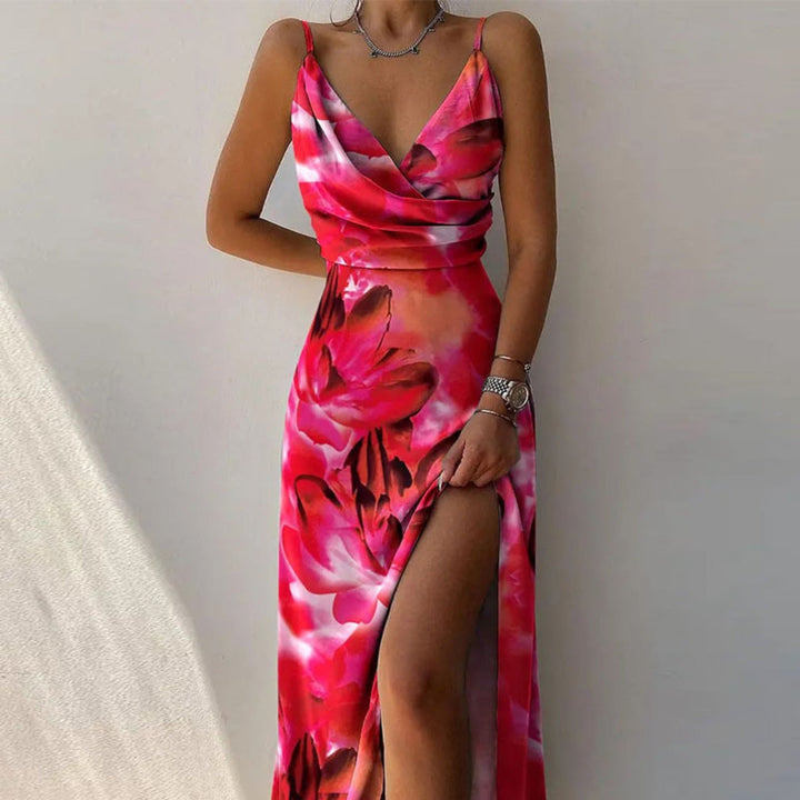 Drune | Kleid mit Hosenträgern und V-Ausschnitt mit geteiltem Print