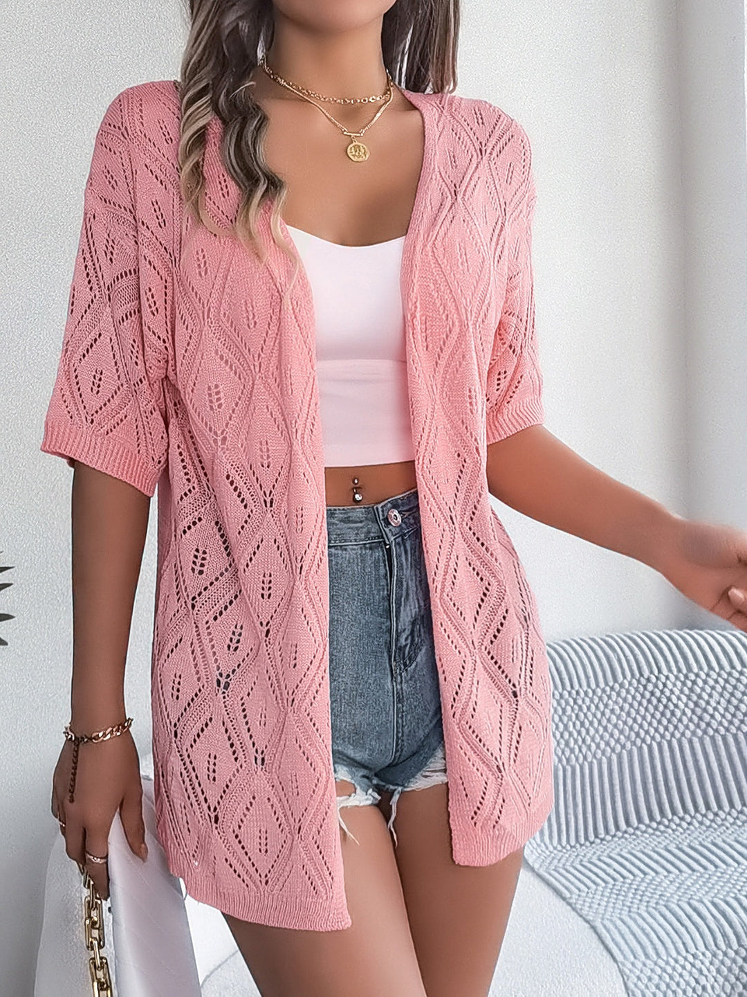 Drune | Durchbrochene Offene Front Halbarm-Cardigan