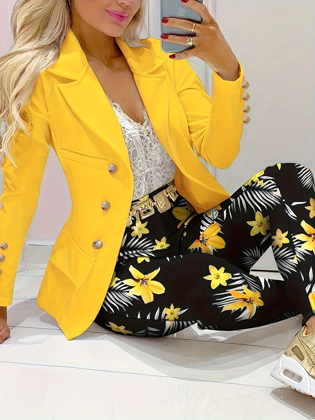 Drune | Blazer Und Blumenmuster Outfit Set Für Damen - Perfekt für Alltagskleidung