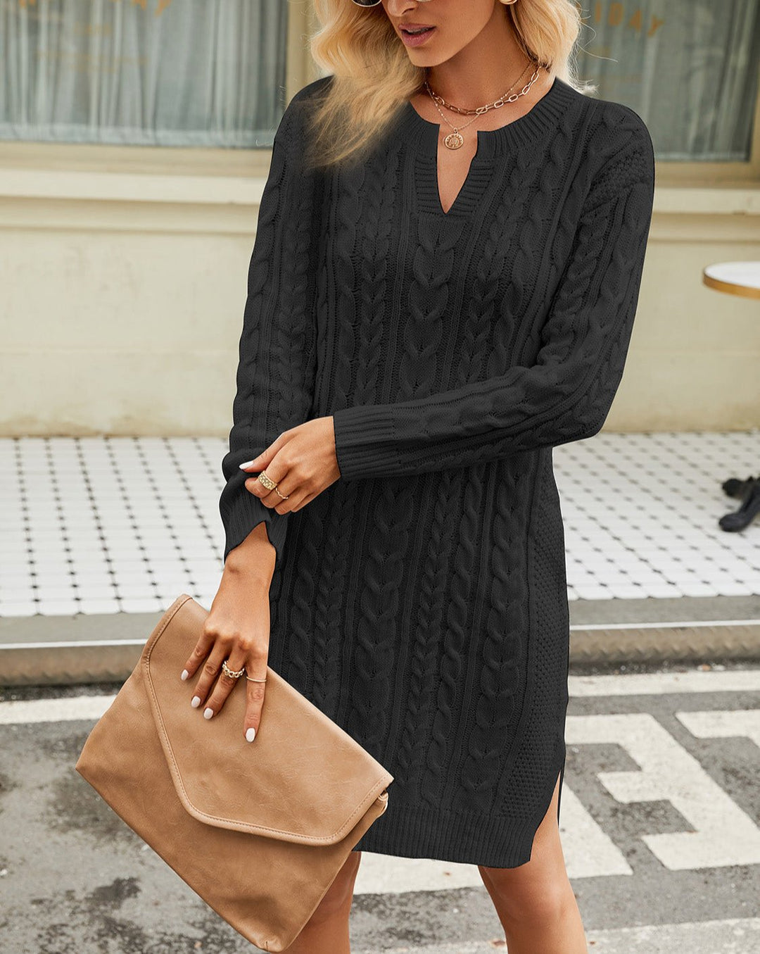 Drune | Schicke Herbst-Kabel-Strickkleid mit Ausschnitt für Frauen