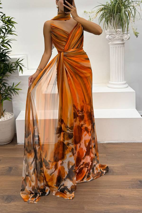 Drune | In A Dreamland Chiffon Floral Print Off Shoulder Pleated Scarf Slit Maxi Kleid