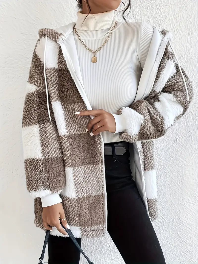 Drune | Kariert Teddy Hoodie Jacke | Warm und Bequem für den Winter