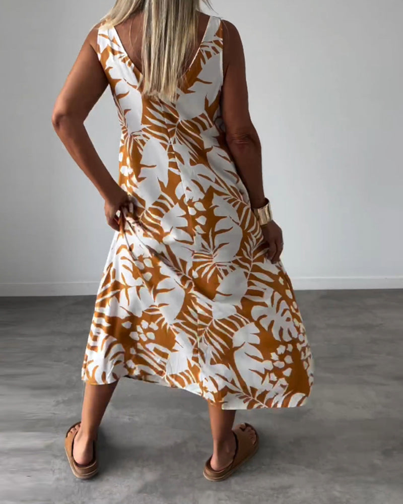 Drune | Lässiges, Ärmelloses Kleid mit Blattmuster
