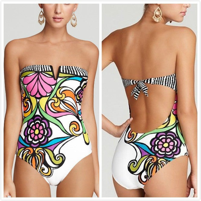 Damen Bandeau Badeanzug mit verschlussfreier Vorderseite und buntem Floral-Muster Drune