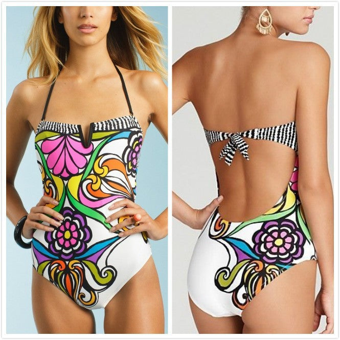 Damen Bandeau Badeanzug mit verschlussfreier Vorderseite und buntem Floral-Muster Drune
