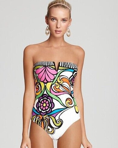 Damen Bandeau Badeanzug mit verschlussfreier Vorderseite und buntem Floral-Muster Drune