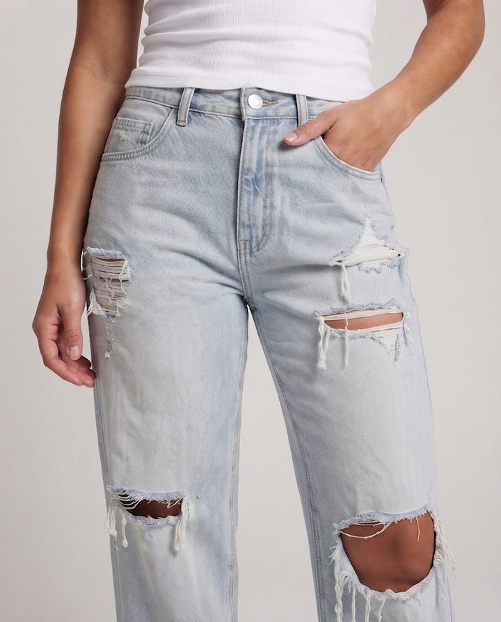 Damen Weite Distressed-Jeans mit hoher Taille und großen Rissen Drune