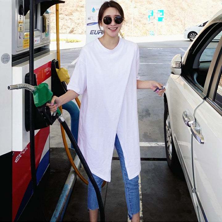 Damen Oversize-Longshirt mit zentraler Frontöffnung, verlängertem Saum und Rundhalsausschnitt Drune