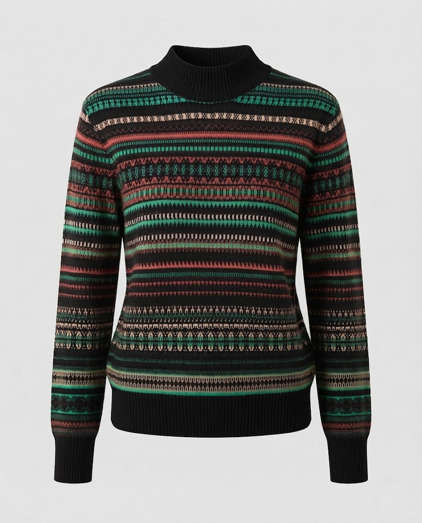 Damen Jacquard-Feinstrickpullover mit kurzem Stehkragen, kastiger Silhouette und Multistreifen-Design Drune