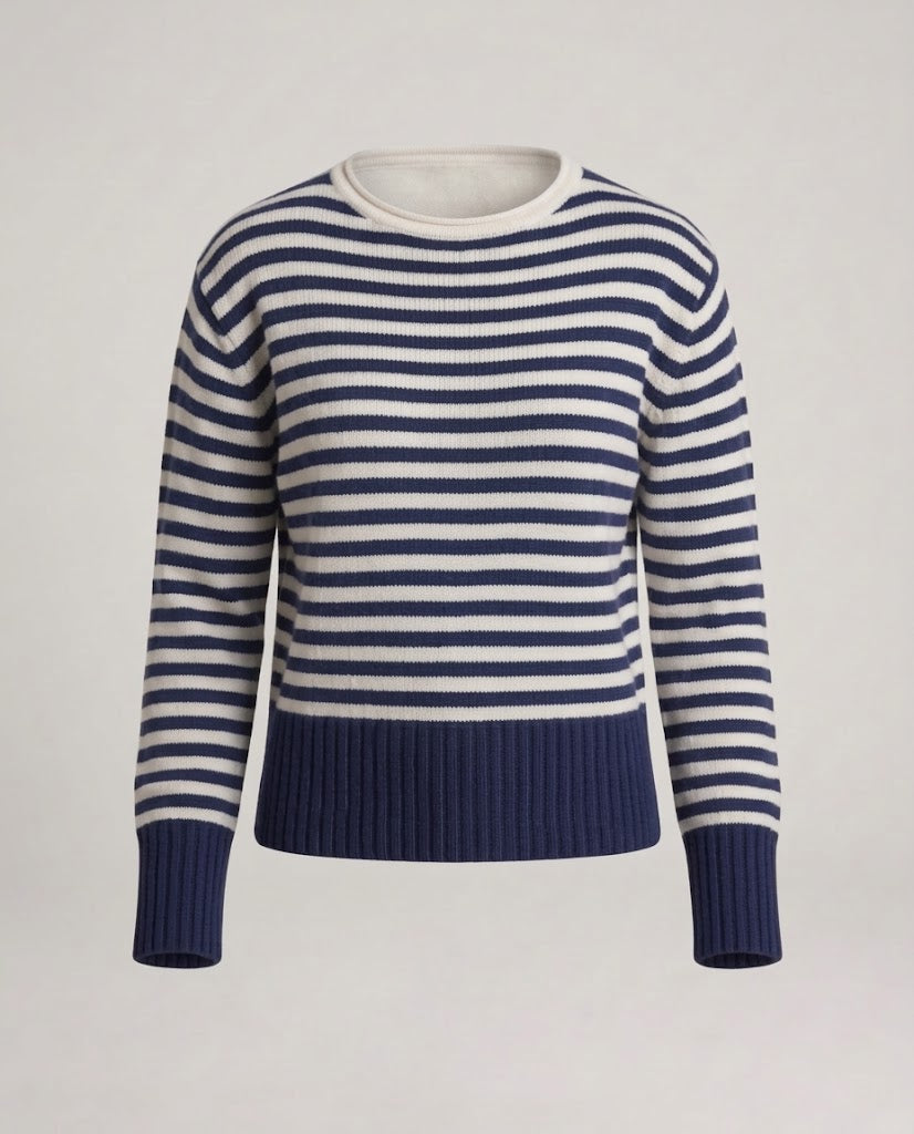 Damen Gestreifter Baumwollmix-Pullover mit breiten Marine‑Streifen und geripptem Saum Drune