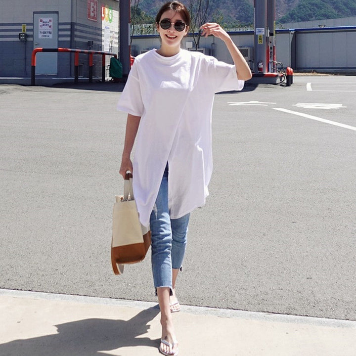 Damen Oversize-Longshirt mit zentraler Frontöffnung, verlängertem Saum und Rundhalsausschnitt Drune