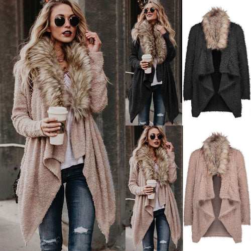 Damen Fluffy Strickcardigan mit abnehmbarem Kunstfellkragen Drune