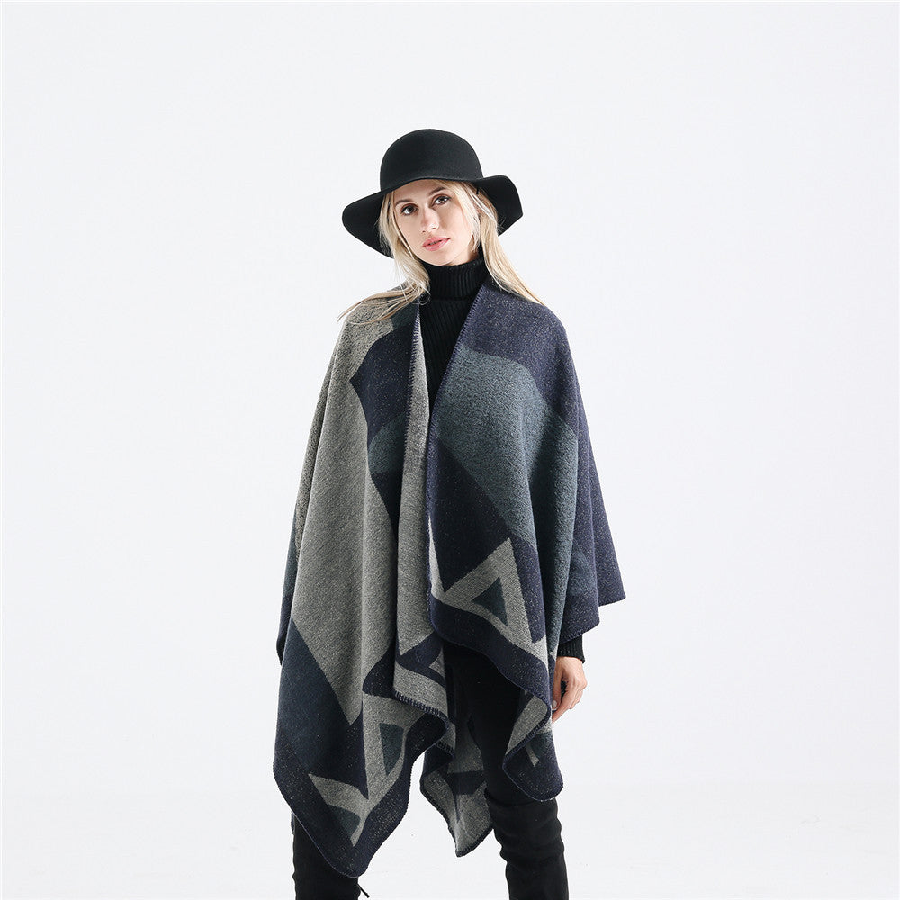 Damen Oversize-Ruana aus Wollmix mit geometrischem Intarsia und offenem Kimono-Fall Drune