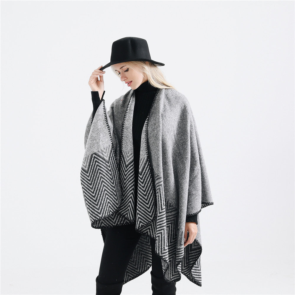Damen Offener Ruana-Poncho im Oversize mit Chevron-Jacquard und Ziernaht Drune