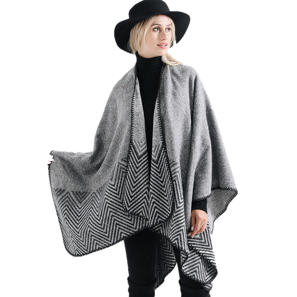 Damen Offener Ruana-Poncho im Oversize mit Chevron-Jacquard und Ziernaht Drune