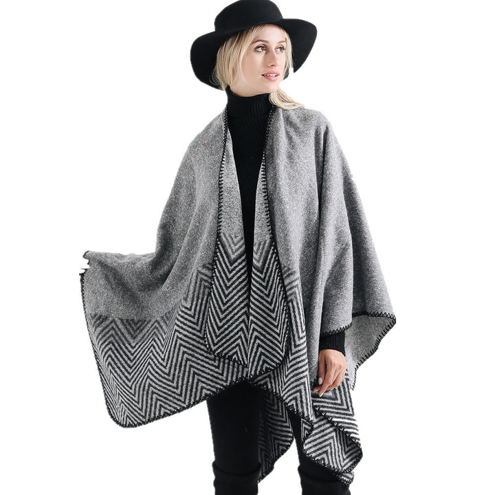Damen Offener Ruana-Poncho im Oversize mit Chevron-Jacquard und Ziernaht Drune