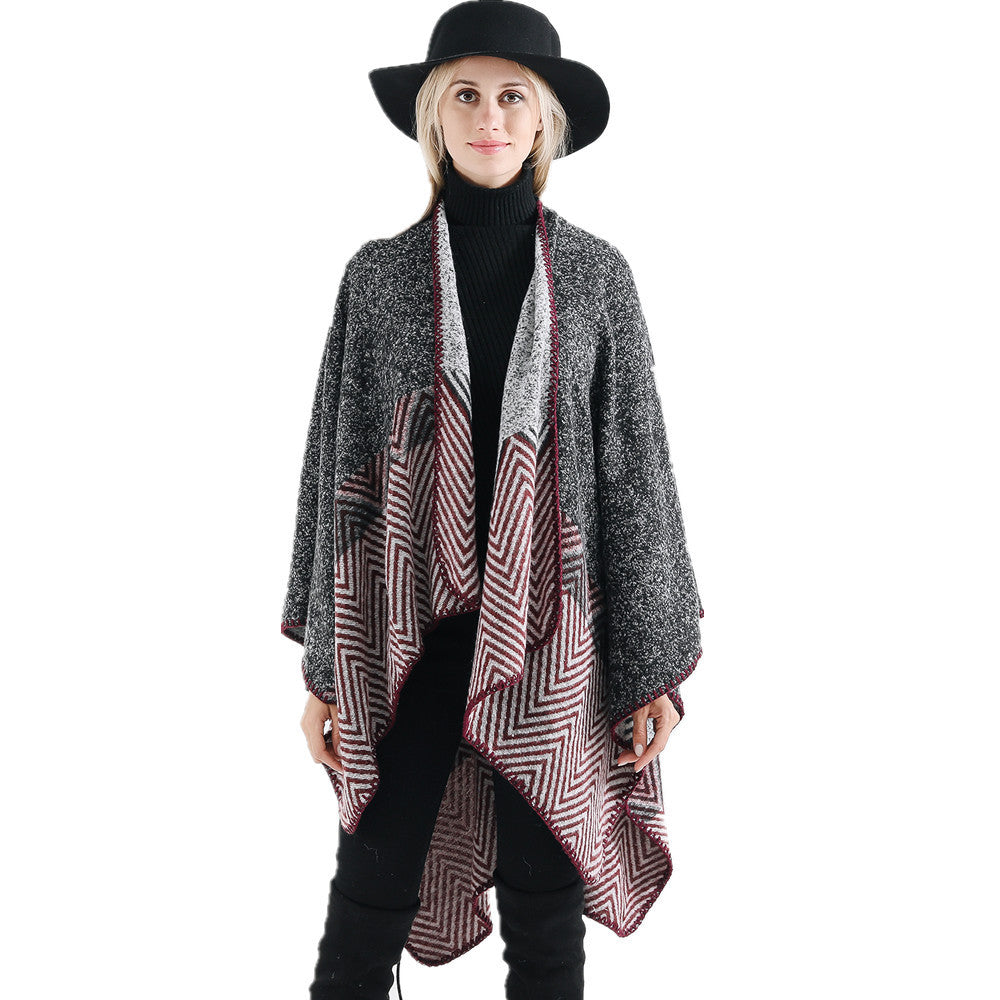 Damen Offener Ruana-Poncho im Oversize mit Chevron-Jacquard und Ziernaht Drune