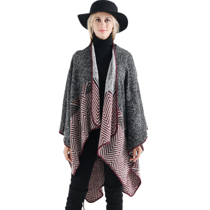 Damen Offener Ruana-Poncho im Oversize mit Chevron-Jacquard und Ziernaht Drune